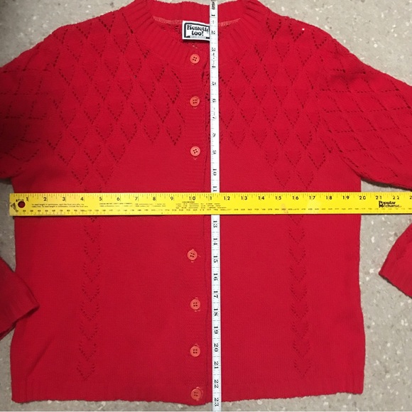 Vtg Xmas red sweater cardigan Keneth Too! Made in USA Button front cut out yoke - Picture 5 of 10